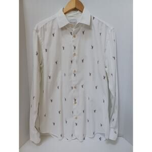 PS PAUL SMITH Shirt Mens 16" collar White Long Sleeve‎ Button Slim Monkey Print
